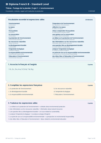 IB French B SL Partage de la Planète Vocabulary Workbook + Full Marking Scheme