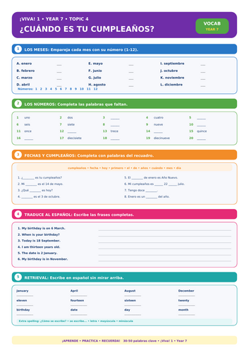 Viva! 1 Year 7 Spanish – ¿Cuándo es tu cumpleaños? | 5-Task Vocabulary Worksheet