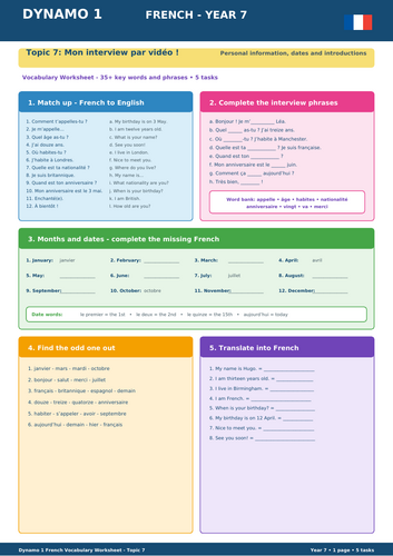 Dynamo 1 French Year 7 – Topic 7: Mon interview par vidéo ! Personal Information, Dates & Introducti