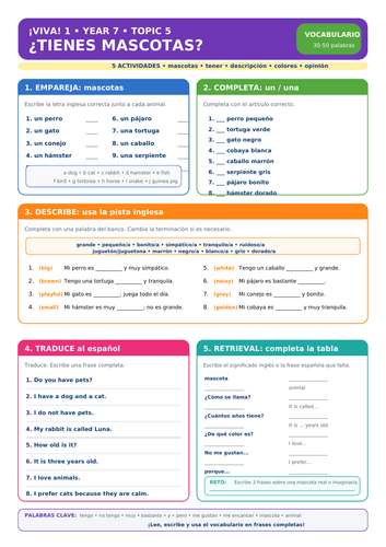 ¡Viva! 1 Year 7 Spanish – ¿Tienes mascotas? | 5-Task Vocabulary Worksheet