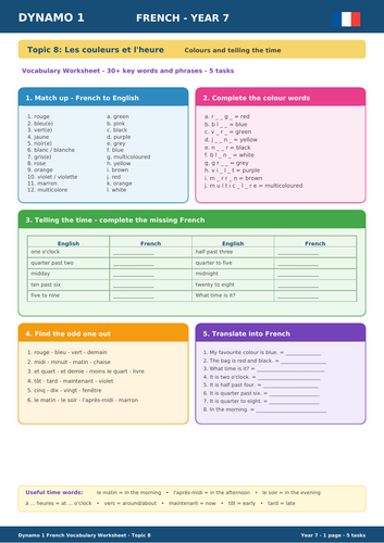 Dynamo 1 French Year 7 – Topic 8: Les couleurs et l’heure | Vocabulary Worksheet