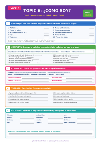 ¡Viva! 1 Year 7 Spanish – ¿Cómo soy? | 5-Task Vocabulary Worksheet