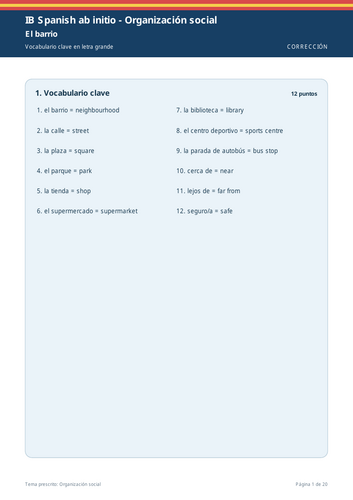 IB Spanish ab initio Organización Social Large Print Workbook + Full Marking Scheme