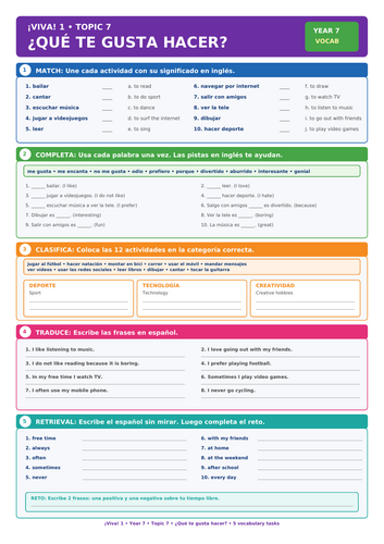 ¡Viva! 1 Year 7 Spanish – ¿Qué te gusta hacer? | 5-Task Vocabulary Worksheet