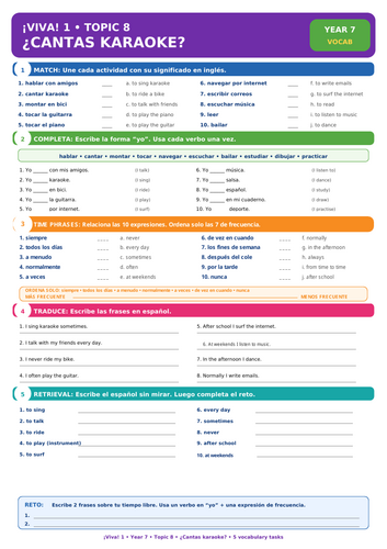 ¡Viva! 1 Year 7 Spanish – ¿Cantas karaoke? | 5-Task Vocabulary Worksheet