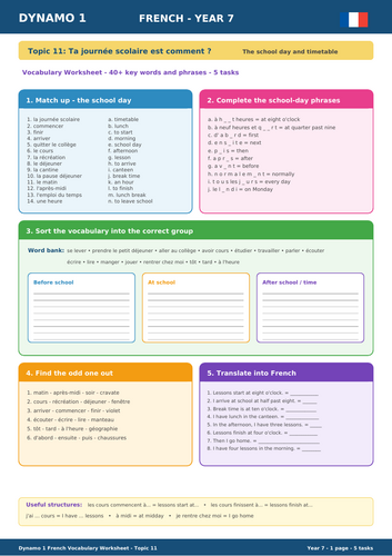Dynamo 1 French Year 7 – Topic 11: Ta journée scolaire est comment ? | School Day & Timetable Vocabu