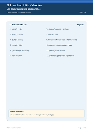 IB French ab initio Identités Large Print Workbook + Full Marking Scheme