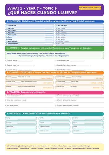 ¡Viva! 1 Year 7 Spanish – ¿Qué haces cuando llueve? | 5-Task Vocabulary Worksheet