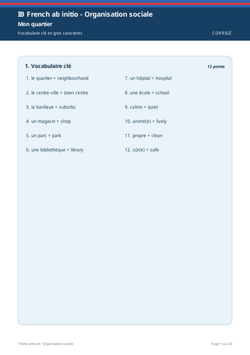 IB French ab initio Organisation Sociale Large Print Workbook + Full Marking Scheme