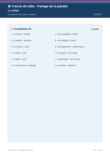 IB French ab initio Partage de la Planète Large Print Workbook + Full Marking Scheme