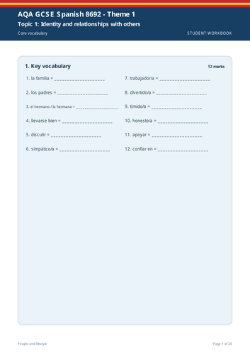 AQA GCSE Spanish 8692 Theme 1 People and Lifestyle Large Print Workbook + Full Marking Scheme