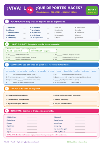 ¡Viva! 1 Year 7 Spanish – ¿Qué deportes haces? | 5-Task Vocabulary Worksheet