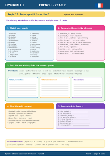 Dynamo 1 French Year 7 – Topic 15: Tu es sportif / sportive ? | Sports & Opinions Vocabulary Workshe
