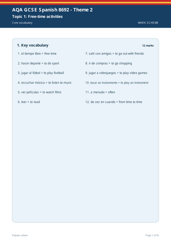 QA GCSE Spanish 8692 Theme 2 Popular Culture Large Print Workbook + Full Marking Scheme