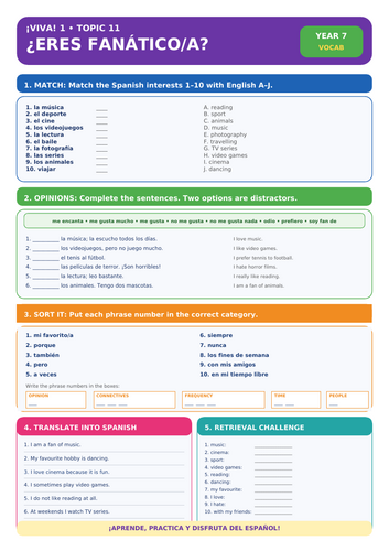 ¡Viva! 1 Year 7 Spanish – ¿Eres fanático/a? | 5-Task Vocabulary Worksheet