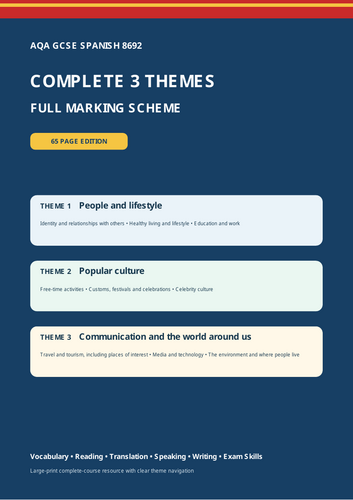 AQA GCSE Spanish 8692 Complete 3 Themes Large Print Workbook + Full Marking Scheme