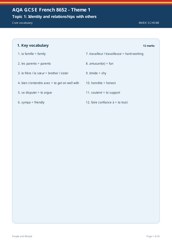 AQA GCSE French 8652 Theme 1 People and Lifestyle Large Print Workbook + Full Marking Scheme