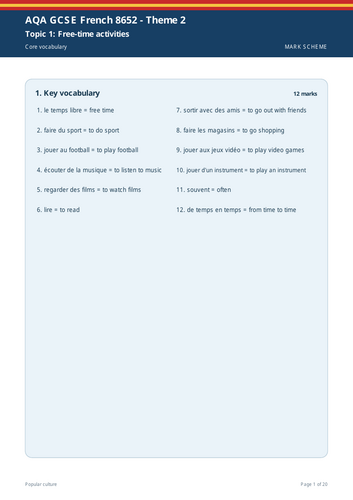 AQA GCSE French 8652 Theme 2 Popular Culture Large Print Workbook + Full Marking Scheme
