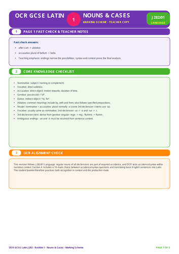 OCR GCSE Latin J282 | Nouns & Cases | 5-Page Workbook + Answers