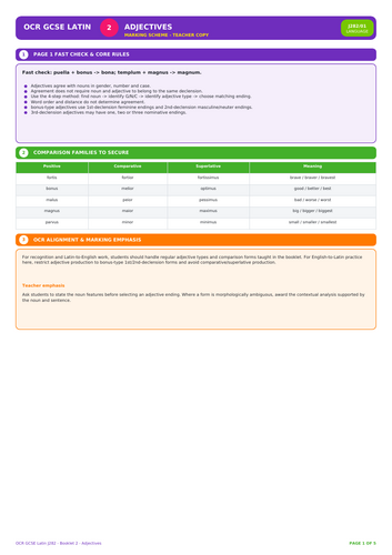 OCR GCSE Latin J282 | Adjectives | 5-Page Workbook + Answers