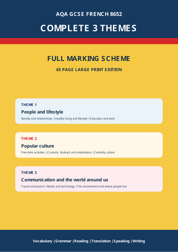 AQA GCSE French 8652 | Complete 3 Themes | 65-Page Workbook + Answers