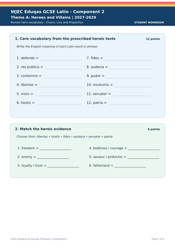 WJEC Eduqas GCSE Latin | Heroes and Villains 2027–2029 | 5-Page Vocabulary Workbook + Answers