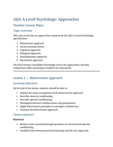 AQA A Level Psychology Approaches Lesson Plans & Scheme of Work | Behaviourist, SLT, Cognitive, Biol
