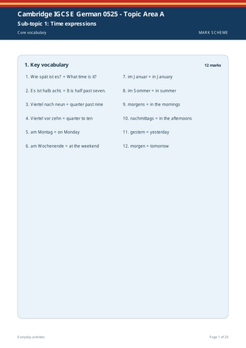 Cambridge IGCSE German 0525 | Topic Area A: Everyday Activities | 20-Page Workbook + Answers
