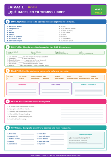 ¡Viva! 1 Year 7 Spanish – ¿Qué haces en tu tiempo libre? | 5-Task Vocabulary Worksheet