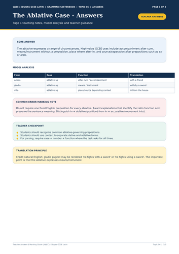 WJEC Eduqas GCSE Latin | The Ablative Case | 5-Page Workbook + Answers