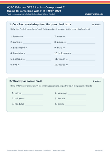 WJEC Eduqas GCSE Latin | Come Dine with Me! 2027–2029 | 5-Page Vocabulary Workbook + Answers