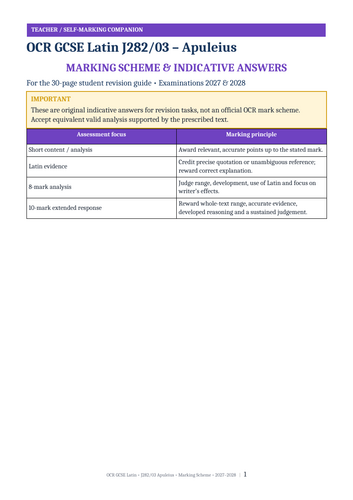 OCR GCSE Latin J282/03 | Prose Literature B: Apuleius Metamorphoses | 30-Page Revision Guide + Answe