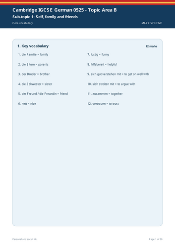Cambridge IGCSE German 0525 | Topic Area B: Personal and Social Life | 20-Page Workbook + Answers