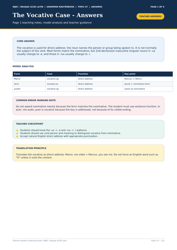 WJEC Eduqas GCSE Latin | The Vocative Case | 5-Page Workbook + Answers