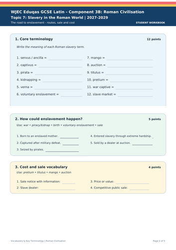 WJEC Eduqas GCSE Latin | Slavery in the Roman World 2027–2029 | Vocabulary & Key Terminology Workboo