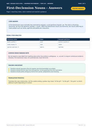 WJEC Eduqas GCSE Latin | First-Declension Nouns | 5-Page Workbook + Answers