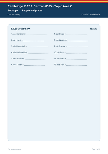 Cambridge IGCSE German 0525 | Topic Area C: The World Around Us | 20-Page Workbook + Answers