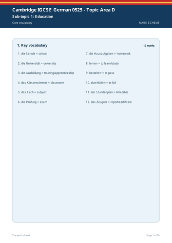 Cambridge IGCSE German 0525 | Topic Area D: The World of Work | 20-Page Workbook + Answers