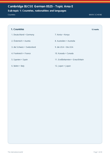 Cambridge IGCSE German 0525 | Topic Area E: The International World | 20-Page Workbook + Answers