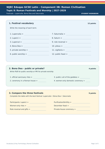 WJEC Eduqas GCSE Latin | Roman Festivals and Worship 2027–2029 | Vocabulary & Key Terminology Workbo
