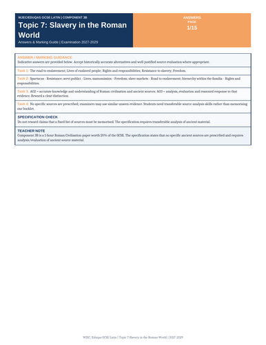 WJEC Eduqas GCSE Latin | Slavery in the Roman World | 2027–2029 Workbook + Answers