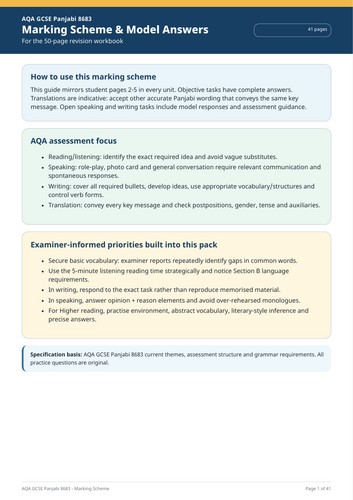 AQA GCSE Panjabi 8683 | Complete Themes 1–3 | 50-Page Revision Workbook + 41-Page Marking Scheme