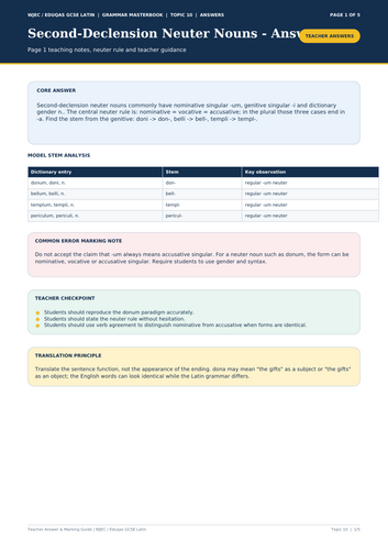WJEC Eduqas GCSE Latin | Second-Declension Neuter Nouns | 5-Page Workbook + Answers