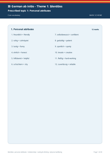 IB German ab initio | Theme 1: Identities | 20-Page Workbook + 20-Page Marking Scheme