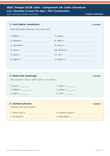 WJEC Eduqas GCSE Latin | Livy: Hannibal Crosses the Alps 2027 | 5-Page Vocabulary Workbook + Answers