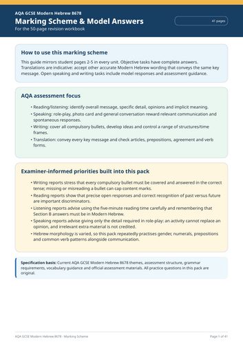 AQA GCSE Modern Hebrew 8678 | Complete Themes 1–3 | 50-Page Revision Workbook + 41-Page Marking Sche