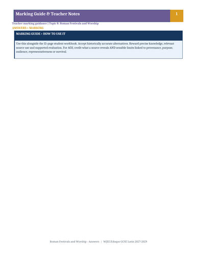 WJEC Eduqas GCSE Latin | Roman Festivals and Worship | 2027–2029 Workbook + Answers