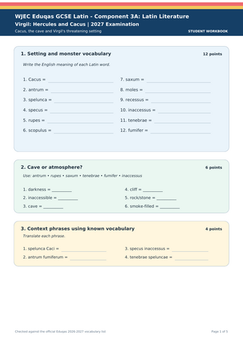 WJEC Eduqas GCSE Latin | Virgil: Hercules and Cacus 2027 | 5-Page Vocabulary Workbook + Answers