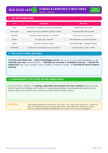 OCR GCSE Latin J282 | Syntax & Sentence Structures | 13-Page Workbook + 13-Page Mark Scheme