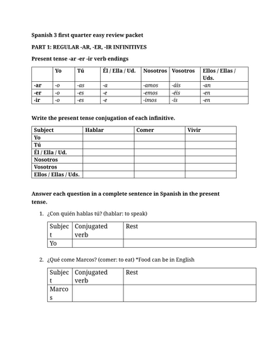 Spanish 3 first quarter easy review packet